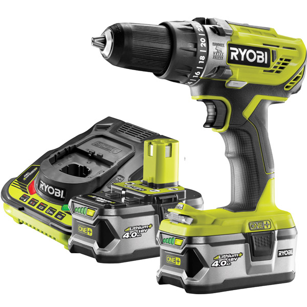 Cordless Combi Drill Starter Kit and Mixed Drilling and Driving Bit Set 46 Piece Ryobi 18 V ONE